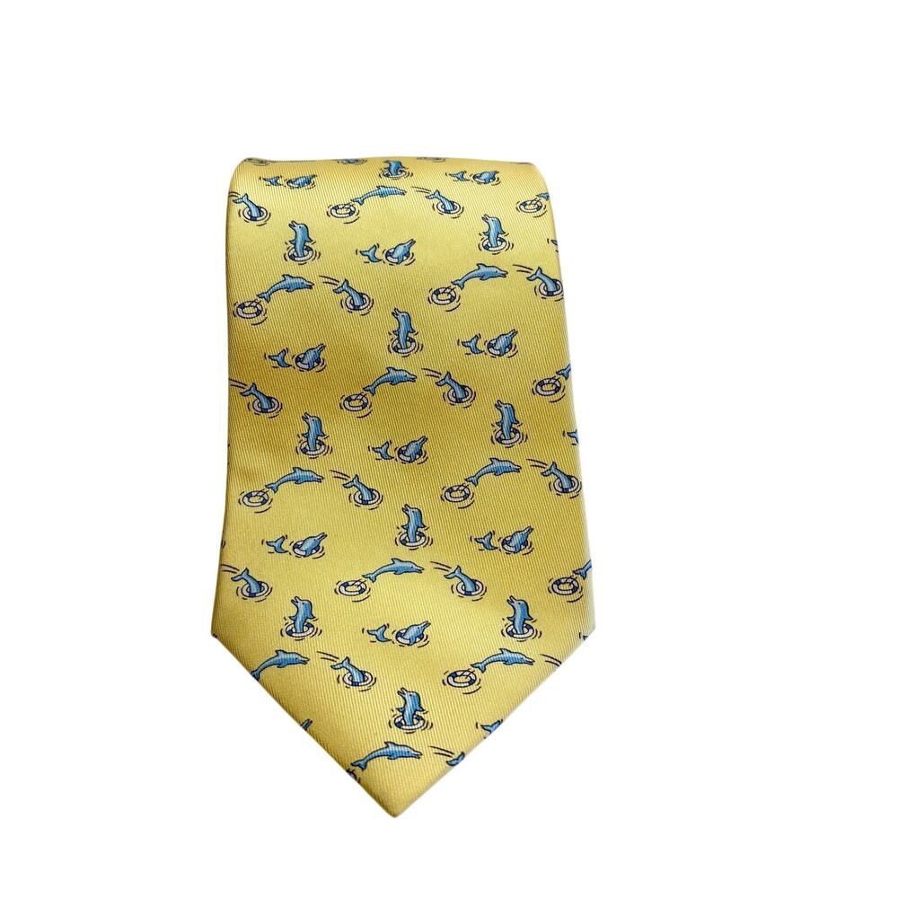 Hermes Whimsical Dolphin Print Lux Silk Tie Men’s Yellow 5390 OA Vintage Formal